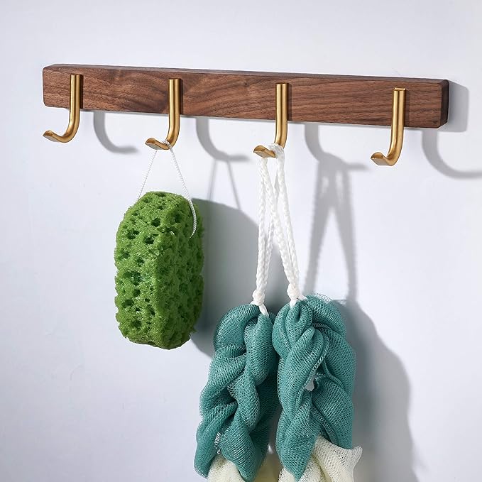 SARIHOSY] Wall Mounted Coat Rack,Multi Hook Hangers,Entryway Hanging Coat Rack,Metal Wood Coat Rail with 4 Hooks，Walnut Wood,zinc Alloy,Bedroom,Bathroom,Foyer,Living Room,Metal Household Items