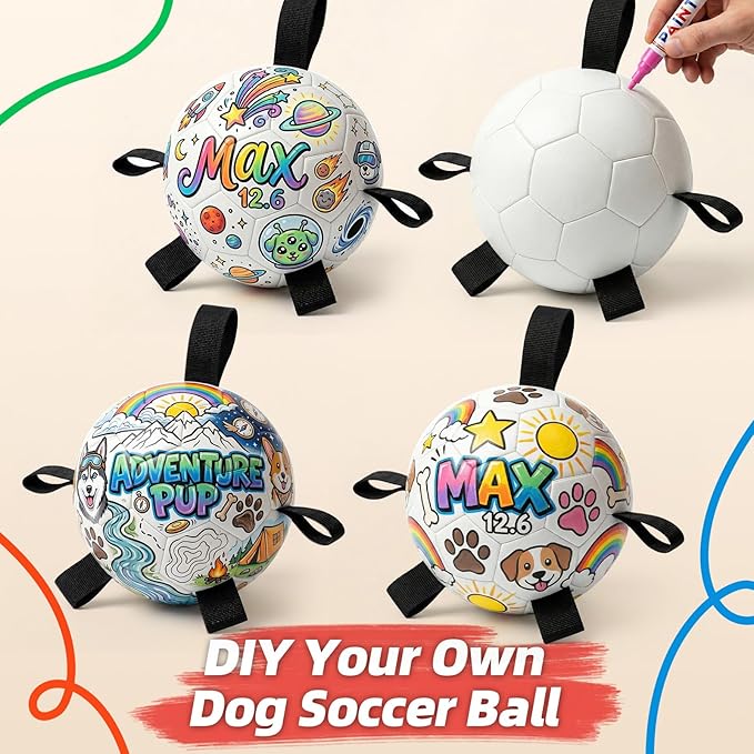 HETOO Dog Soccer Ball with Straps, DIY Paintable Dog Toy Ball Kit with 8 Color Markers,Personalized Interactive Dog Toys for Small Medium Dogs Puppies,6 Inch Birthday Gift Pet Toy