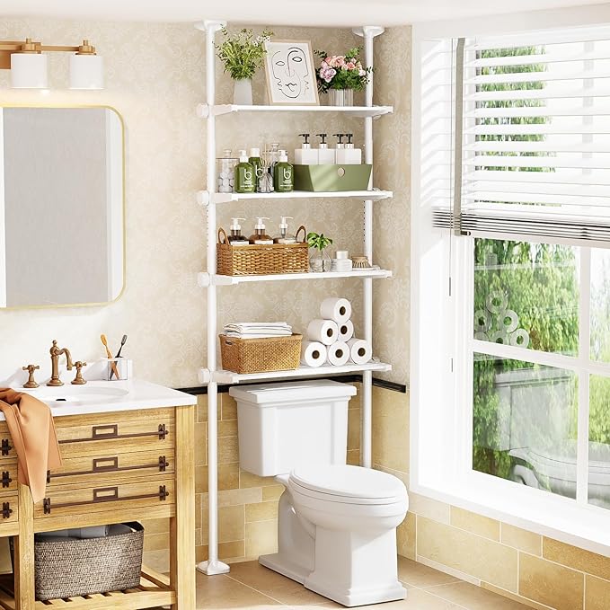 No-Drill Over Toilet Storage Shelf - 4-Tier White Bathroom Organizer