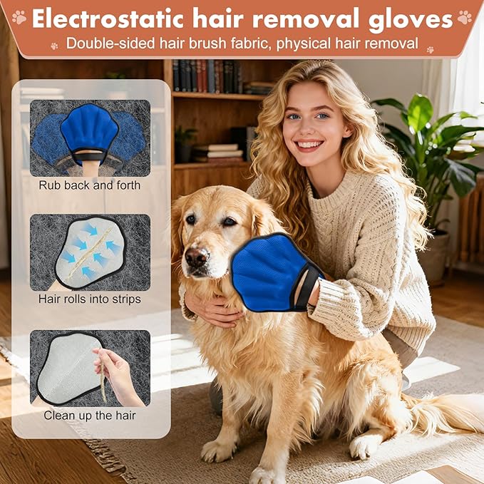 Pet Hair Removal Glove, Electrostatic Pet Hair Remover Glove for Cats & Dogs, Hair Remover Tools for Couch, Carpet, Clothing, Car Seat - Upgraded Five-Finger, Reusable, Blue+Grey