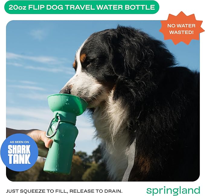 Springer by Springland Flip Portable Dog Water Bottle with Foldable Food Grade Silicone Bowl - 20 Ounce Travel Dog Water Bottle Ideal for Camping - Easy Squeeze Hydration & Release to Drain