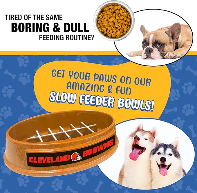 NFL Super-Bowl - Cleveland Browns Slow Feeder Dog Bowl. Football Design Slow Feeding Cat Bowl for Healthy Digestion. Non-Slip Pet Bowl for Large & Small Dogs & Cats