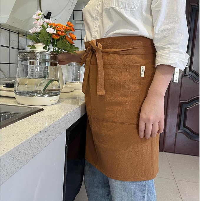 Cityelf Linen Server Apron Cotton Bistro Half Apron with Large Pockets Waist Kitchen Apron for Cooking Waitress