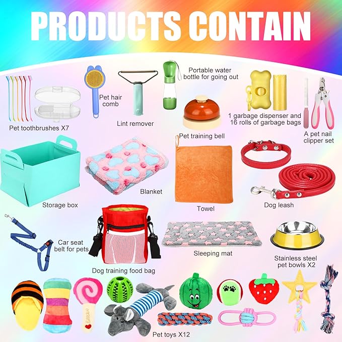 Abbylike 50 Pcs Puppy Supplies Starter Kit for Small Dogs Puppy Essentials Includes Leash, Bowls, Teeth Brushes, Water Bottle, and More Accessories for Dogs Christmas Welcome Gift (Colorful)