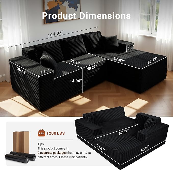 Claiks 104" Boneless Couch, Cloud Couch Sectional, L-Shape Corduroy Modular Sectional Sofa Deep Seat, Upholstered Couches for Living Room, No Assembly Required, Black, Right Facing Chaise