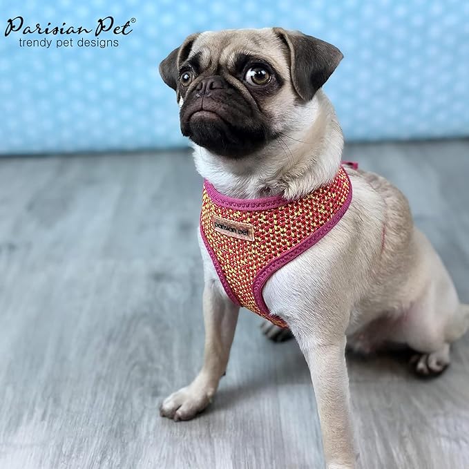 Parisian Pet Adjustable Pink/Yellow Dog Vest Harness - Medium-Sized, Cooling Mesh Fabric No Pull Harness for Walking, Running, Hiking - Puppy Size