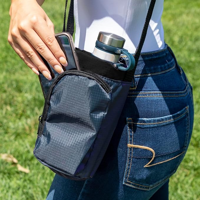 Trail maker Water Bottle Carrier Bag with Strap, Phone Pocket for Walking, Runs, Bike, Stainless Steel, Glass, Plastic