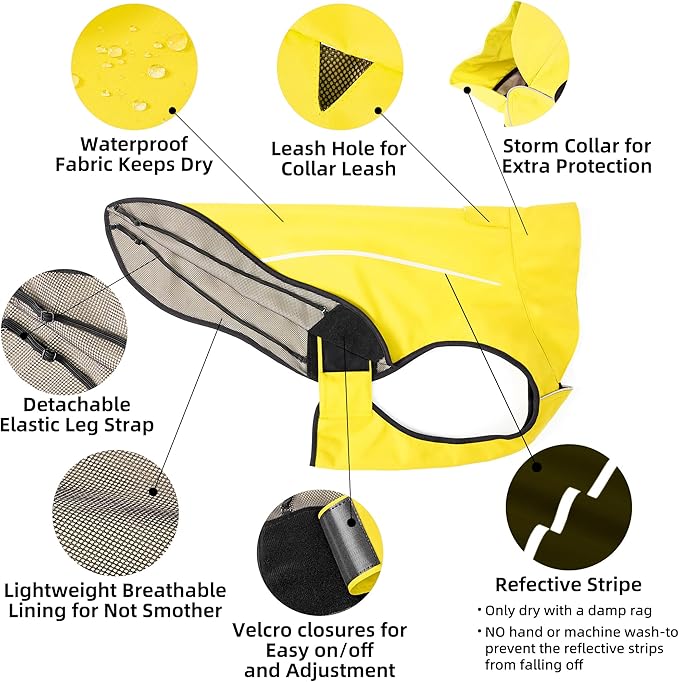 Mile High Life Dog Raincoat, Adjustable Waterproof Reflective Rain Jacket for Small Medium Large Dogs, Lightweight Breathable Pet Rain Coat with Leash Hole(Yellow,M Chest 26-32")