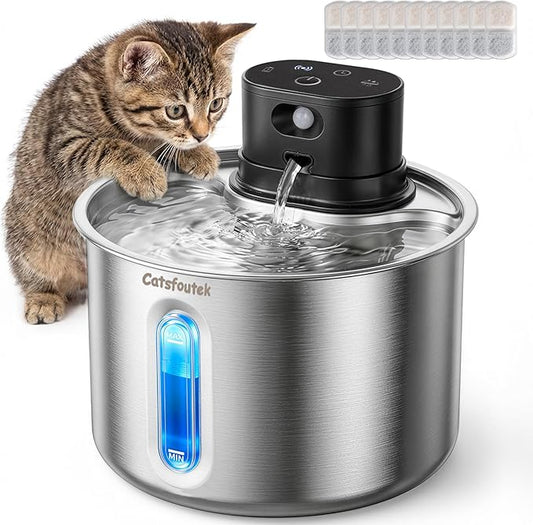 Wireless Cat Water Fountain Cordless Cat Drinking Fountain Stainless Steel, 74oz/2.2L Battery Operated Pet Water Fountain for Cats Indoor with 11 Filters