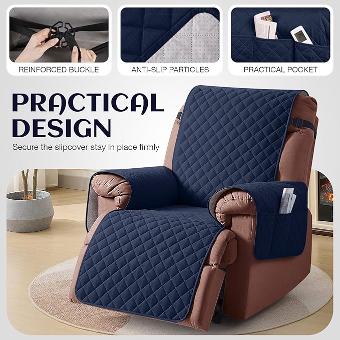 KinCam 100% Waterproof Recliner Chair Cover, Reclining Couch Covers for Pets, Dogs, Recliner Couch Slipcover Furniture Protector with Elastic Straps for Kids(30", Dark Blue)