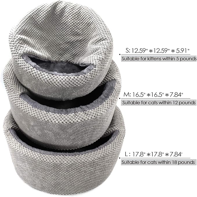 Winsterch Washable Cat Bed - Round Soft, Cozy & Warming for Indoor Cats. Calming Kitten Pet Bed. Small Pet Covered Cat Cave Beds (Gray,12.59 x 12.59 x 5.91 in)