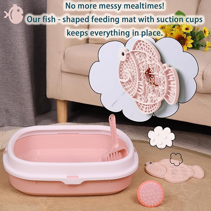Suhaco Kitten Starter Kit for Indoor Kittens 7 Pcs Litter Box with Cat Litter & Litter Scoop Teaser Wand Licking Mat Bath Brush 7 in 1 Cat Litter Box (Pink)