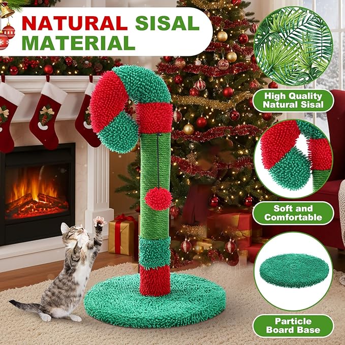 Christmas Cat Scratching Post 21.6" Candy Cane Holiday Scratch Post Small Natural Sisal Cat Scratcher for Indoor Cats and Kittens