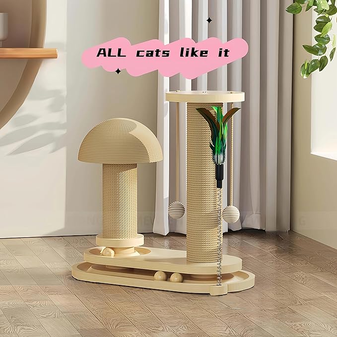 Cat Scratching Post Mushroom Cat Scratcher Scratching Posts for Indoor Cats Adults Sisal Tall Cats Scratch Post with Hanging Ball and Interactive Wooden Ball