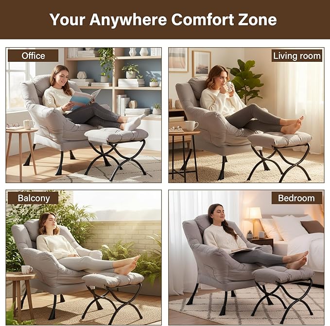 Welnow Lazy Chair with Ottoman, Modern Lounge Accent Chair with Armrests and a Side Pocket, Leisure Sofa Armchair, Reading Armchair with Footrest for Small Space, Light Grey