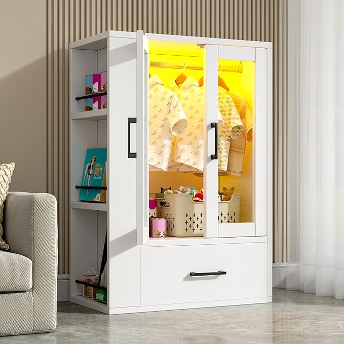 Semoic Wooden Dog Closet with LED Lights, Pet Wardrobe Organizer | Storage Cabinet for Dog & Cat Clothes, Toys, Food | Multi-Use Furniture, White