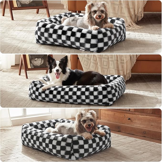JOEJOY Small Dog Bed for Small Dogs, Removable Washable Cover Orthopedic Soft Faux Rabbit Fur Pet Bed, Anti-Slip Fluffy Plush Puppy Bed, 20"x19"x6", Checkered, Black