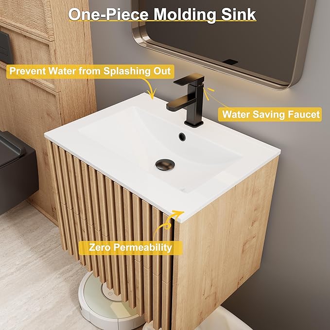eclife 24" Floating Bathroom Vanity with Sink Combo, Modern Wall Mounted Cabinet with 2 Fluted Drawers, Undermount Sink, Faucet, Drain, Mixed Natural