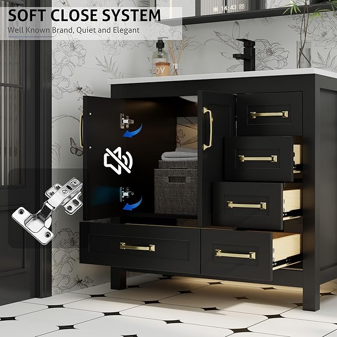 eclife 36" Bathroom Vanities with Sink Combo, Modern Thickened Wood Bathroom Storage Cabinet w/Undermount Sink, Matte Black Faucet Drain, Painted Surface, Black