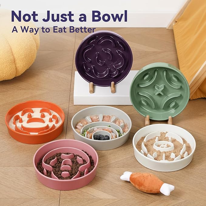 Ceramic Slow Feeder Dog Bowl - Maze Dog Bowl to Slow Down Eating - Feeding Dish for Fast Eaters - Ideal Food Control Dish for Medium to Large Breeds - 8.2 Inch - 1.8 Cups (180g) - Orange