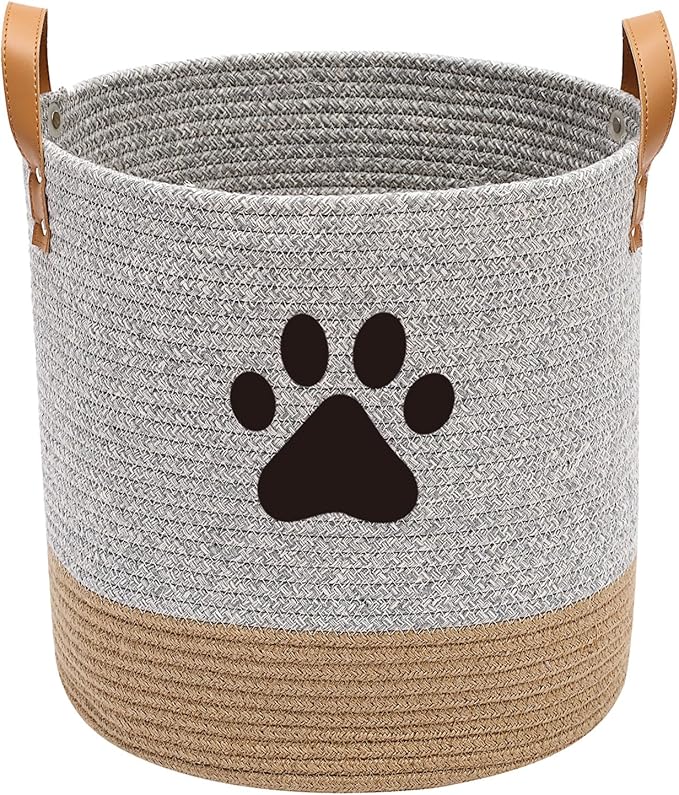 Cotton rope dog toy basket, puppy toy basket, puppy bins, laundry basket blanket storage bin - Perfect for organizing pet toys, blankets, leashes - Gray Beige