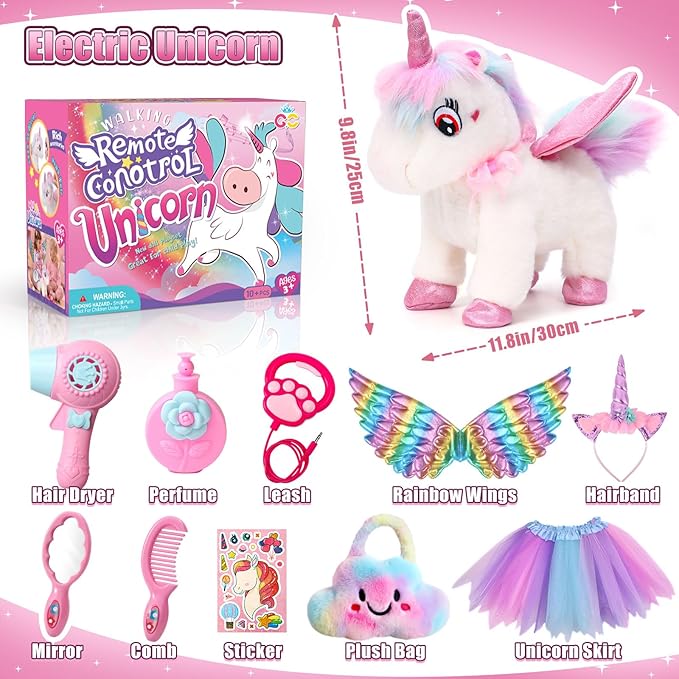 Walking Talking Remote Control Unicorn Toy for Girl Age 4-6, Electronic Interactive Plush Unicorn with Leash & Costume, Pretend Play Pet Care Toy Birthday Gift for Toddler Kid Girl Age 3 4 5 6 7