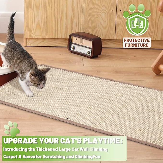Natural Sisal Cat Wall Climbing Carpet, Wall Scratcher Carpet Mat Pad, Cat Climbing Wall, Tall Scratching Post, Wall Floor Couch Sofa Protector, Scratching Pad for Indoor Cats （39.3" Lx15.7 W, 1PC）