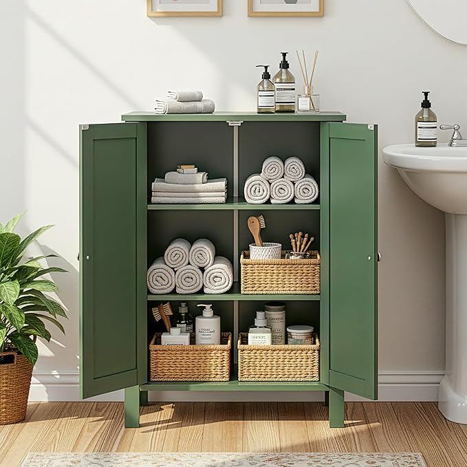Karl home Freestanding Bathroom Floor Storage Cabinet, Narrow Slim Bathroom Storage Cabinet with 2 Doors and Interior Shelves, Forest Green