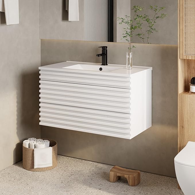 eclife 36" Floating Bathroom Vanity with Sink Combo Mid-Century Wall Mounted Cabinet with Wood Stripes Decor, Drawers, Undermount Sink, Faucet, Drain, Mixed White