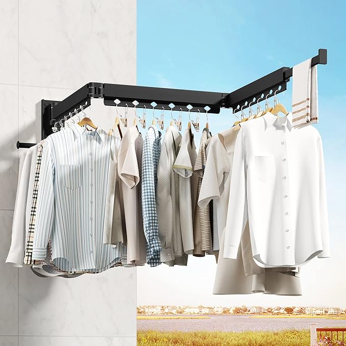 Wall Mounted Clothes Hanger,Clothes Drying Rack,Laundry Drying Rack,Clothes Rack,Laundry Rack Wall Mount,Retractable Collapsible Drying Rack Clothing (Windproof Holes,with Clips),Black