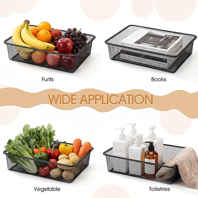 4 Pcs Metal Wire Basket Metal Mesh Basket Pantry Organizers Bin Containers for Home Organizing Cabinet Pantry Closet Kitchen Fridge Fruit Makeup Snacks Gifts(Black,Large)