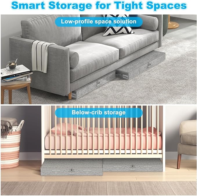 Under Bed Storage Container Bins 2 Pack, 4 Inch Thin Low Profile Underbed Clothes Storage Organizer for Dorm & Home, Use for Blanket and Toy Storage Box W/ Sturdy Bottom/Sides, Foldable Thick Fabric
