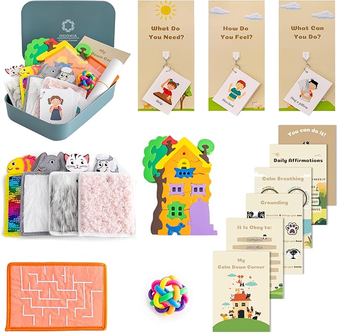 Calm Down Corner | Perfect for Classrooms | Sensory Calming Corner with Items for Kids | Education Calming Corner Kit with Posters, Solutions Wall, Sensory Toys, Fidget Tools | Special Education