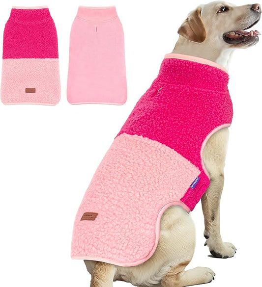 cyeollo Warm Dog Coat Sherpa Dog Winter Coat, Reversible Fleece Dogs Jackets Sweater Vest for Medium Large Dogs Female, Soft Cold Weather Pet Clothes, Rose Red XXL