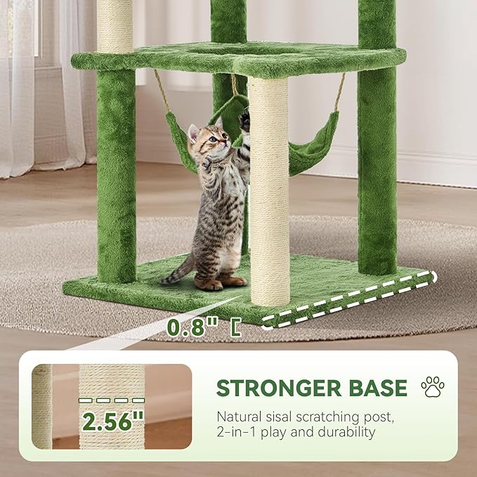 61" Cat Tree for with Green Leaves, Multi-Level Large Cat Tower with Hammock, Plush Cat House with Hang Ball Toy and Sisal Scratching Posts Furniture, Green