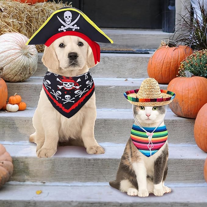 Eccliy 4 Sets Dog Costume Outfit Pirate Dog Hat Formal Tuxedo Bandana Collar Pet Cowboy Hat Mexican Sombrero Hats for Fiesta Halloween Wedding Outfit Accessories Photo Prop Party Supplies