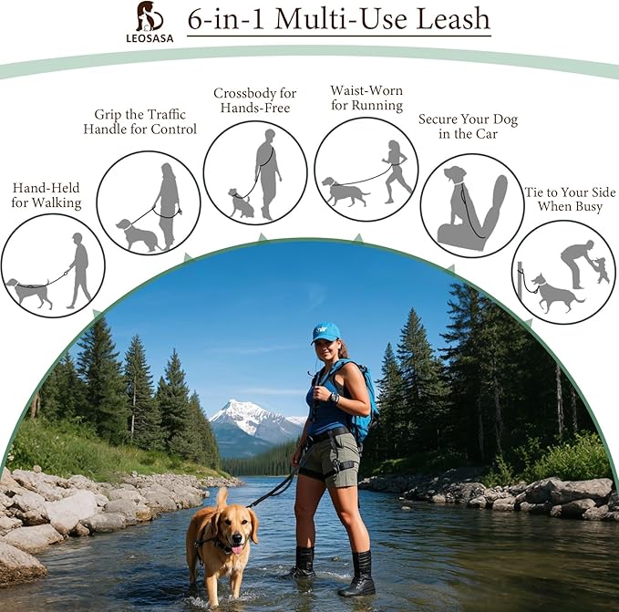 Hands-Free Dog Leash - Tactical Rope with No Pull Bungee Tangle Free Clip, Adjustable Length for Multi-Use, 2-Handle with Reflective Strip, Lead for Hike Run Small Medium Large Pet (Black)