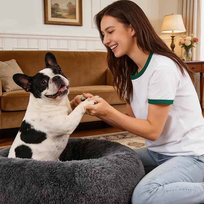Dog Calming Beds for Small Medium Large Dogs - Round Donut Washable Puppy Dog Bed, Anti-Slip Faux Fur Fluffy Donut Cuddle Anxiety Cat Pet Bed(20" Dark Grey)
