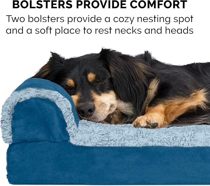 FurHaven Orthopedic Dog Bed for Large Dogs, L-Shaped Chaise Sofa with Orthopedic Egg Crate Foam for Joint Support, Removable Washable Cover, Jumbo/XL, Faux Fur & Suede, Marine Blue