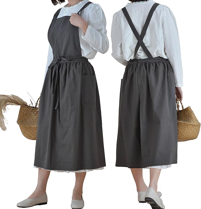 VLZUFE Women Cotton Linen Cross Back Apron with Pockets for Gardening Works Pinafore Dress