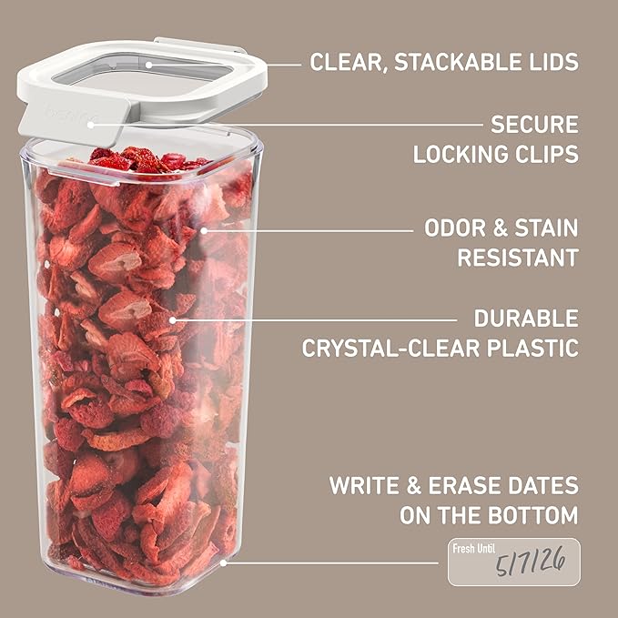 Bentgo Pantry - 10-Piece Airtight Food Storage Containers, Clear, Stackable Kitchen & Pantry Organization, Locking Lids for Freshness, BPA-Free Plastic - Ideal for Sugar, Flour, & More (Snow)