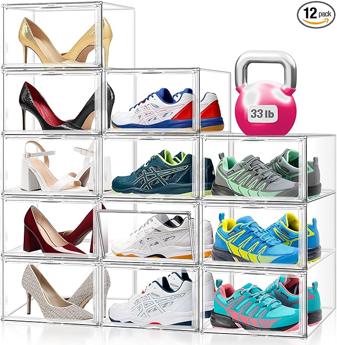 12 Pack Clear Shoe Boxes for Sneakers, Size 12 Acrylic Shoe Storage Under Bed Stackable Handbag Organizer with Magnetic Lid Collection Acrylic Display Case
