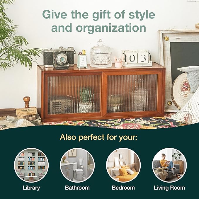 Sliding Glass Door Cabinet – Single-Level Mahogany Wood Display Shelf – Stackable Countertop Storage Organizer for Kitchen, Desks, Tables, and Shelves - 19.5" L x 5.3" W x 7.9" H