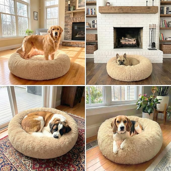 Calming Pet Bed with Water-Resistant Inner Liner – Anti-Anxiety Donut Dog & Cat Bed with Removable Washable Cover – Supportive Plush Nest, Non-Slip & Cushion Protection – Small, Beige
