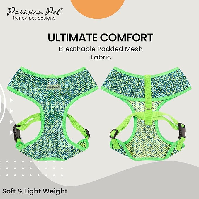 Parisian Soft Padded Green/Blue Freedom Harness for Puppy - Adjustable No Pull Walking, Running, Hiking - Small Dog - XS