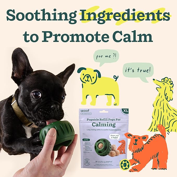 Woof Pupsicle Calming Starter Kit - Pupsicle and Calming Pops Bundle - Long-Lasting Interactive Dog Toy, Low-Mess Design - 10 Refills with Thiamine, Tryptophan, Passion Flower for XL Dogs 75 lbs and U