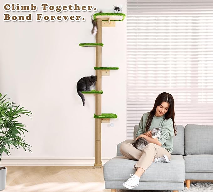 Floor to Ceiling Cat Tree for Kittens, Wall Mounted Cat Wall Furniture with Green Plush Pads, 5 Platform Wild Simulation Climbing Tower, Adjustable Height