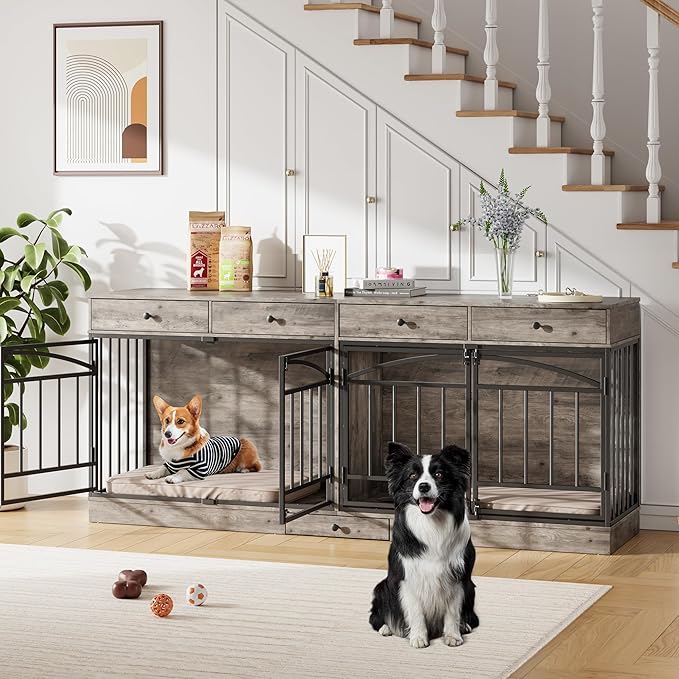 GarveeHome Dog Crate Furniture for 2 Dogs, Dog Kennel Indoor with 4 Storage Drawers and Feeding Bowls, Double Dog Crate TV Stand for Small Medium Dogs, Grey
