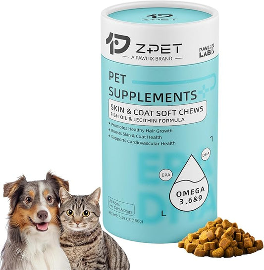 ZPET Skin & Coat Soft Chews for Dogs & Cats – Omega-3 Fish Oil & Lecithin Supplement, Supports Healthy Skin, Shiny Coat & Shedding Control, 150g