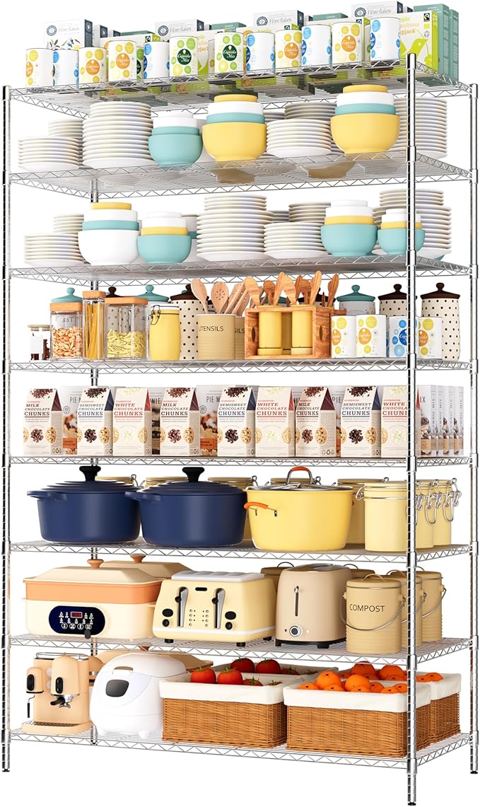 Finnhomy 4000LBS 8-Tier Wire Shelving Unit Adjustable Steel Wire Rack, 24x48x80.2 Inches 8 Shelves Metal Rack, Pantry Shelves for Storage, Metal Garage Shelving with 1" Poles and NSF Certified, Chrome